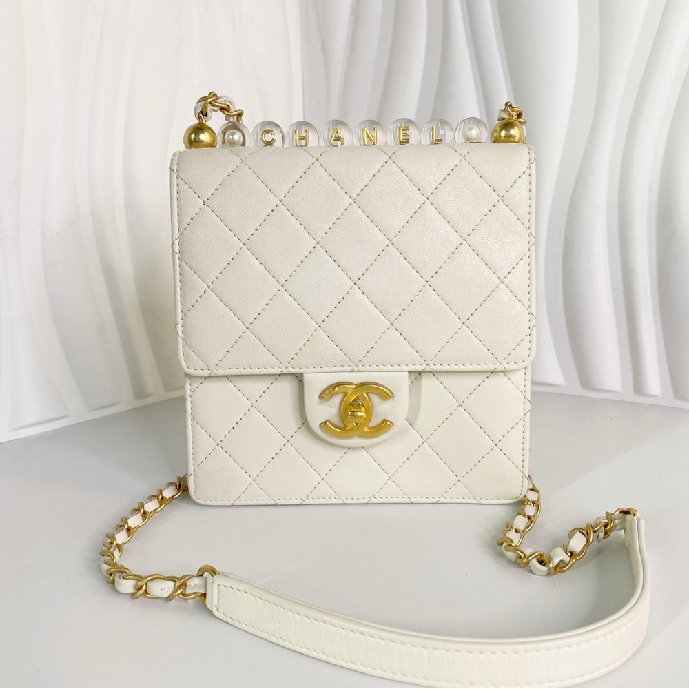 Chanel Pearl Chain Bag Crossbody Lambskin Women White Crossbody Bags